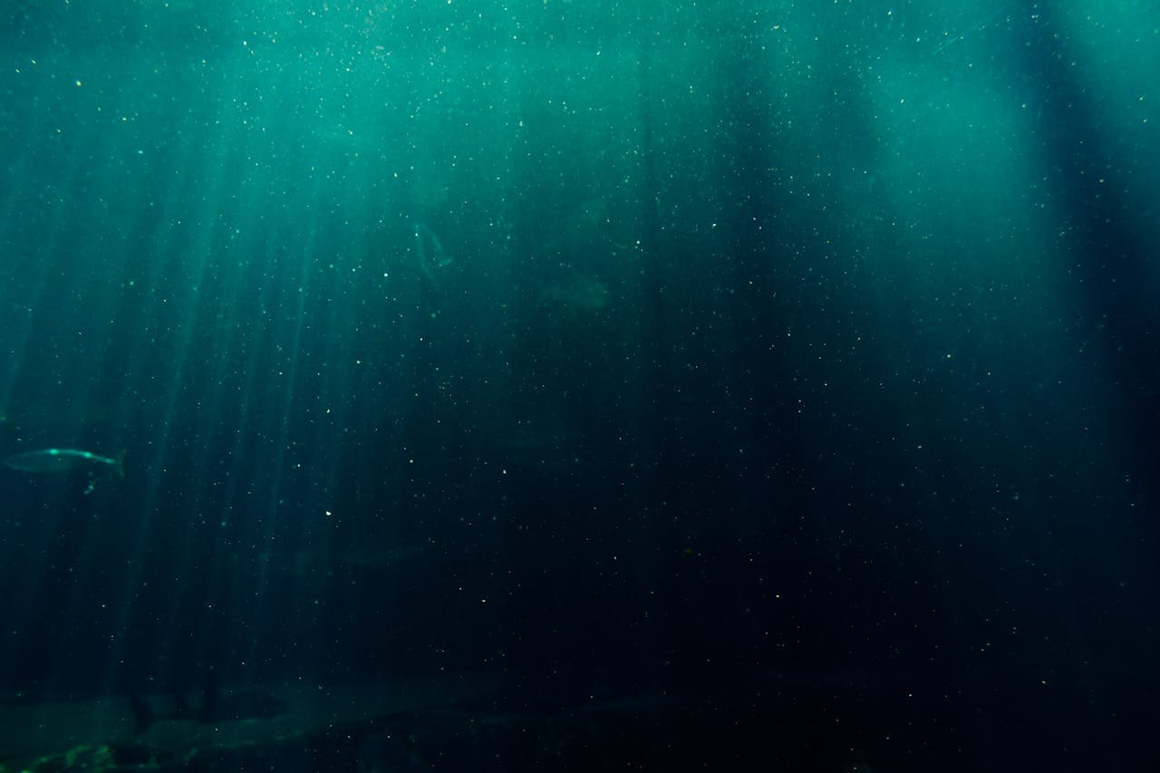 Explore the captivating underwater scene with mesmerizing sunlight rays penetrating the deep sea.